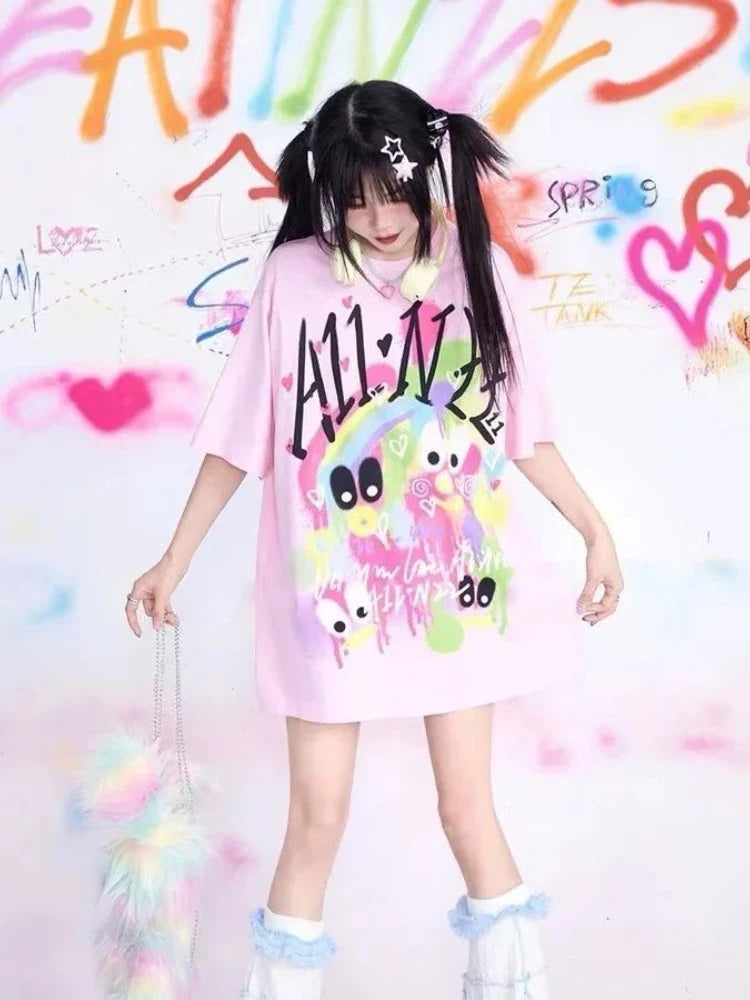Camiseta gráfica Harajuku rosa KOSAHIKI