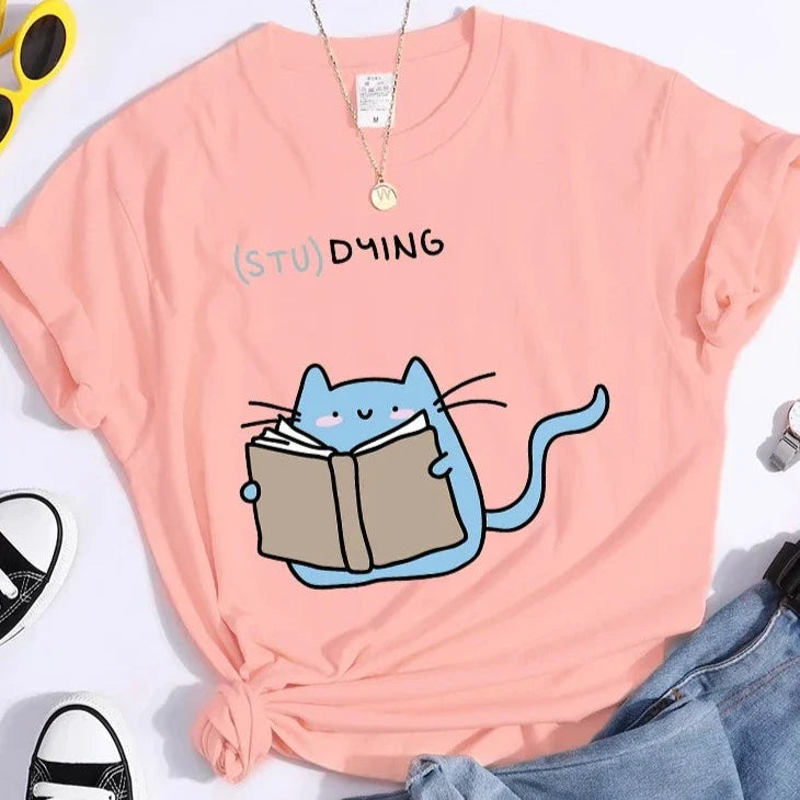 “(STU)DYING” Cat Graphic T-Shirt
