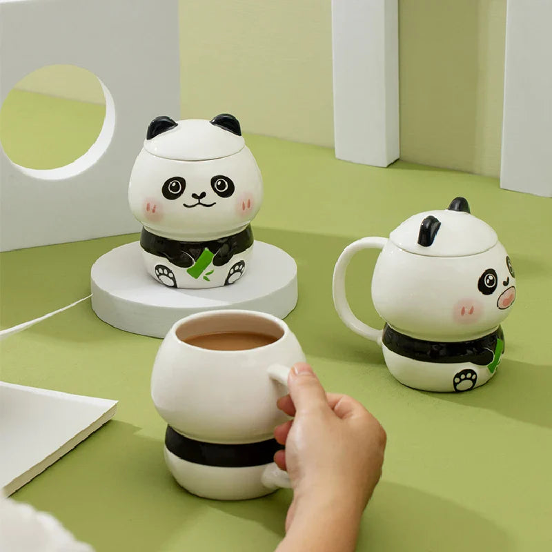 Tazas de cerámica con forma de panda, tapa y cuchara