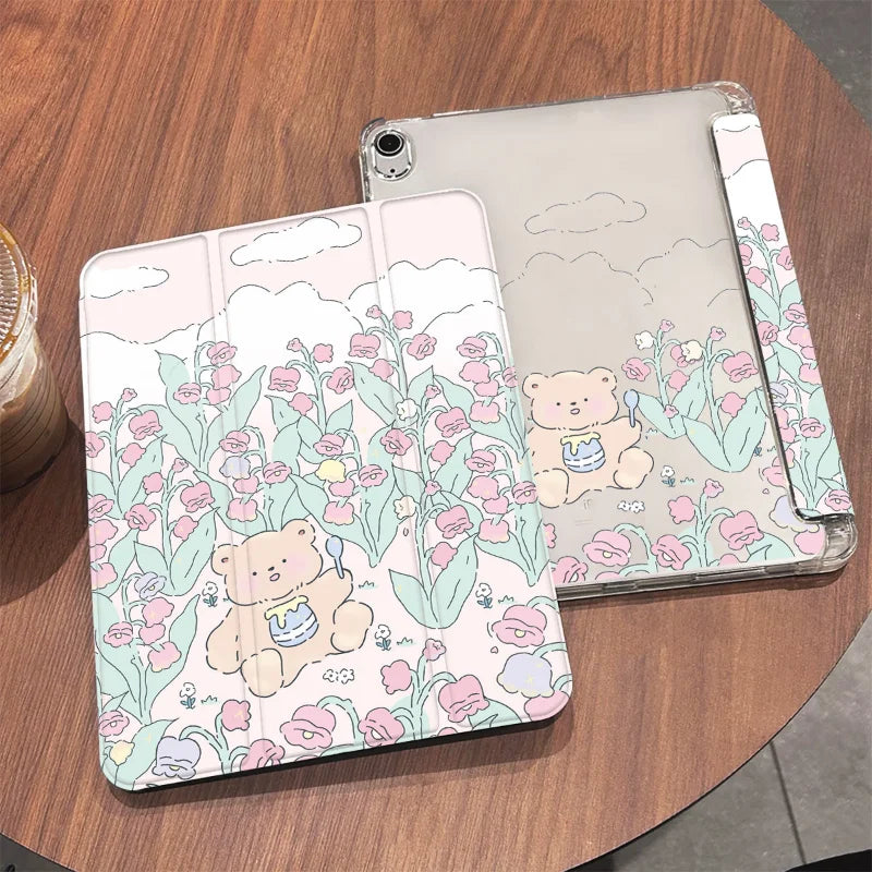 Funda para iPad con diseño de oso de miel y flores