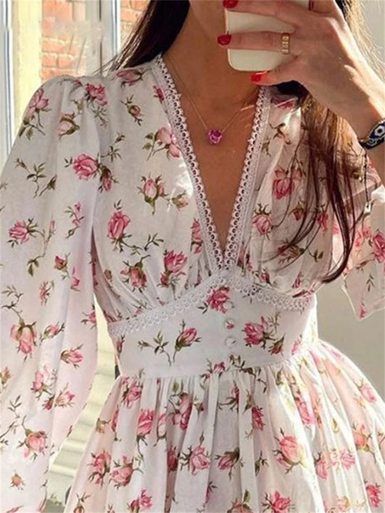 Minivestido de manga larga con estampado floral de primavera