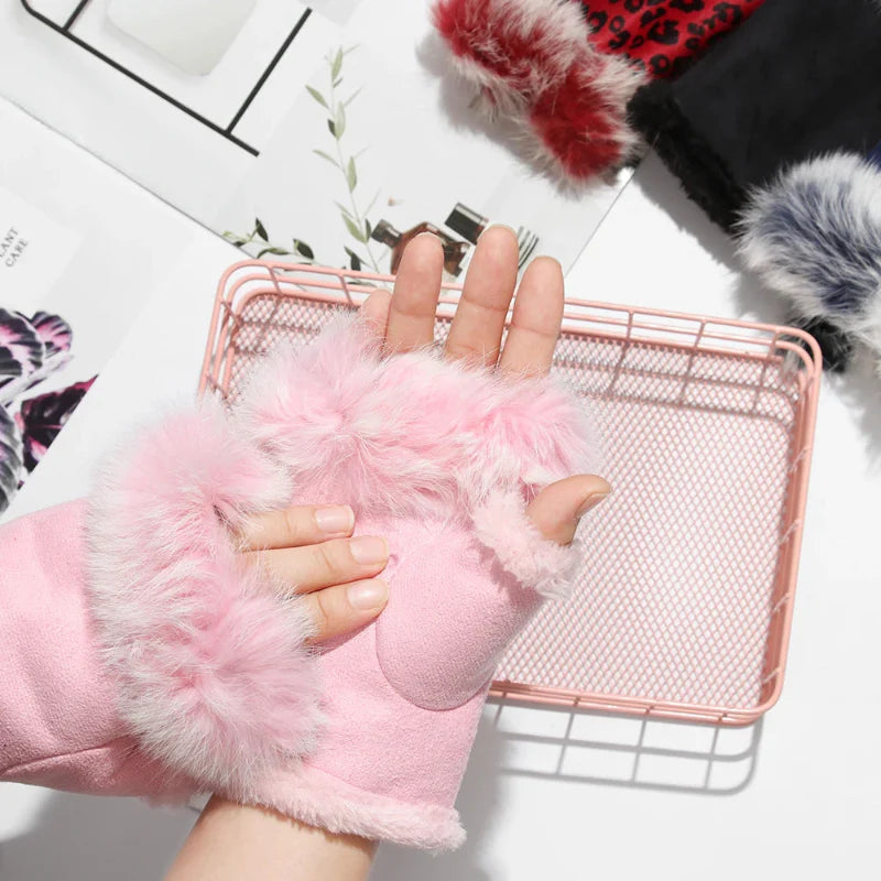 Guantes sin dedos de piel sintética de conejo