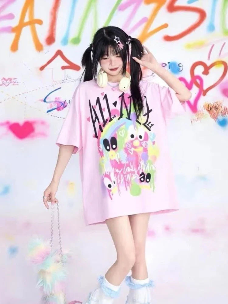 Camiseta gráfica Harajuku rosa KOSAHIKI