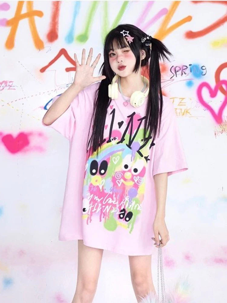 Camiseta gráfica Harajuku rosa KOSAHIKI