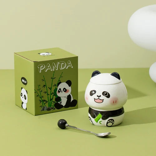 Tazas de cerámica con forma de panda, tapa y cuchara