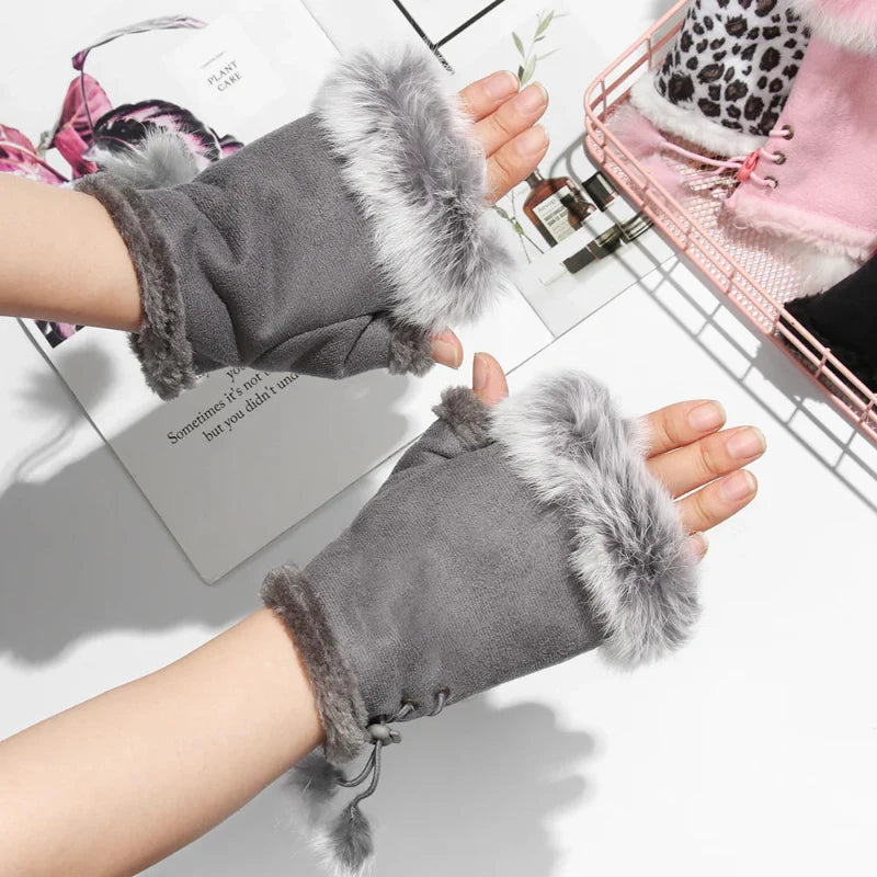 Guantes sin dedos de piel sintética de conejo