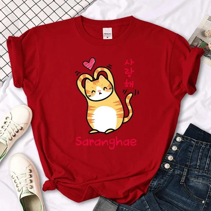 Saranghae Cat Tee – Kawaii Love Shirt