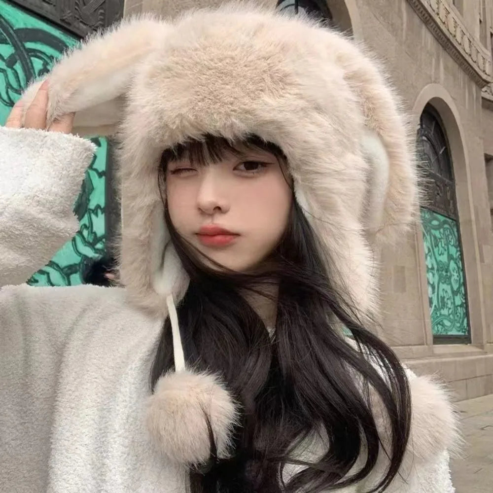 Gorro de invierno de peluche con orejas de conejo kawaii