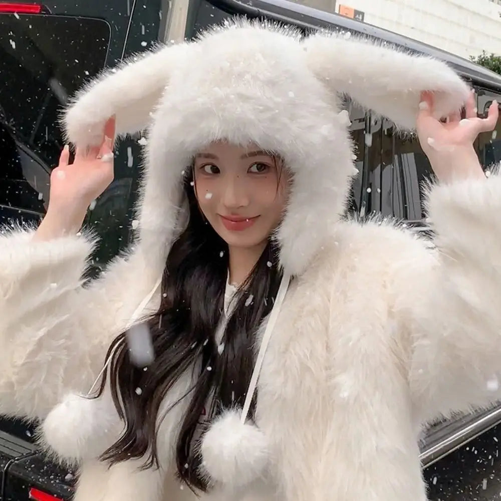 Gorro de invierno de peluche con orejas de conejo kawaii