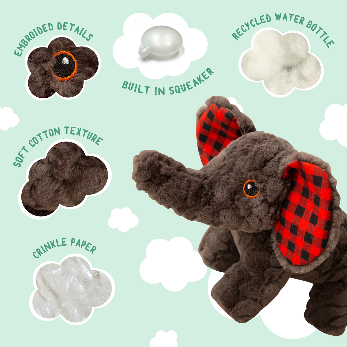 Eli the Elephant – Buffalo Check Squeaky & Crinkle Plush