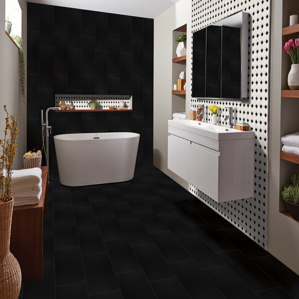 Mosaico de porcelana mate octogonal blanco y negro de 29,5 x 29,5 cm - Colección MSI