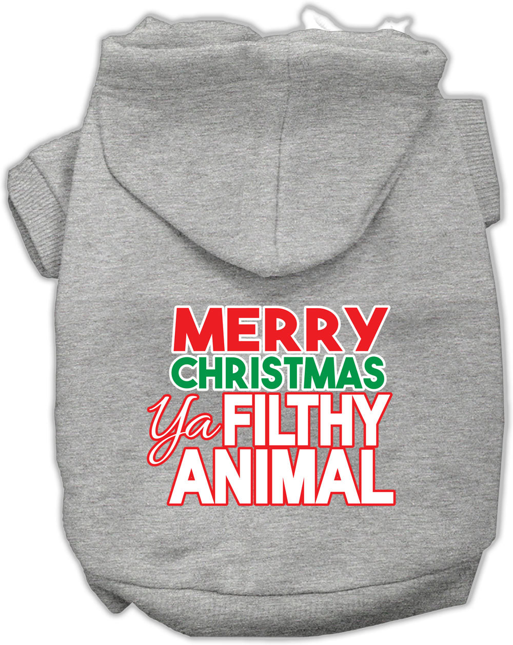 Sudadera navideña con capucha para perro y gato serigrafiada con el mensaje "Feliz Navidad, animal asqueroso".