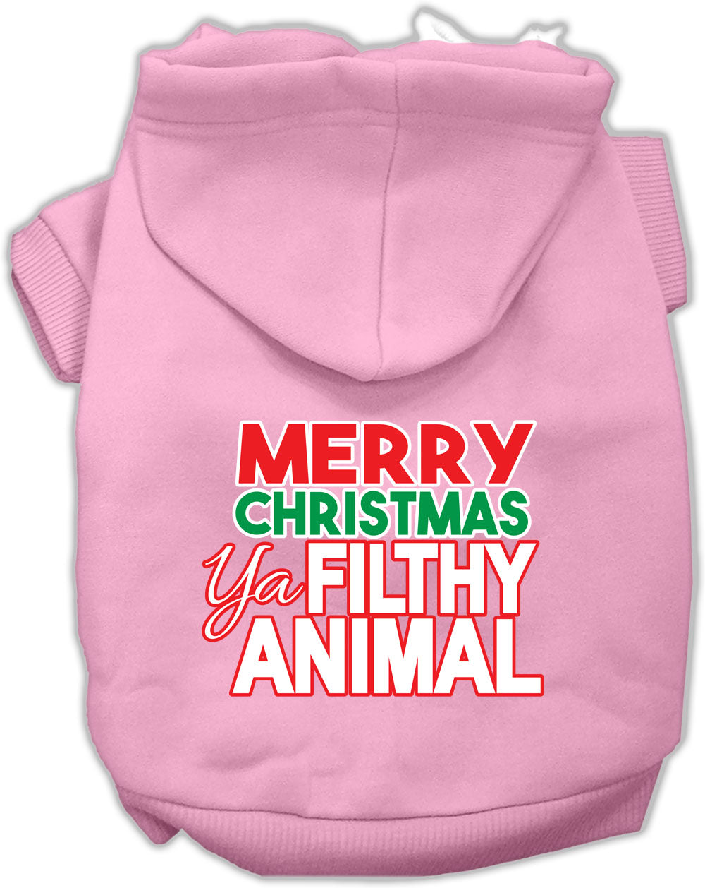 Sudadera navideña con capucha para perro y gato serigrafiada con el mensaje "Feliz Navidad, animal asqueroso".