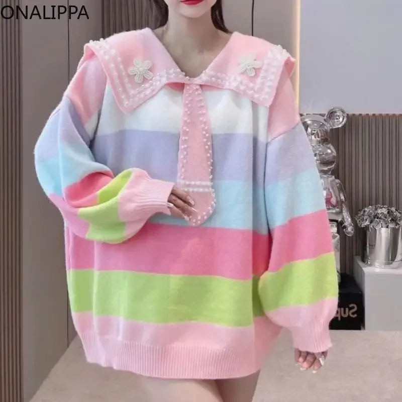 Pastel Rainbow Striped Sailor Sweater