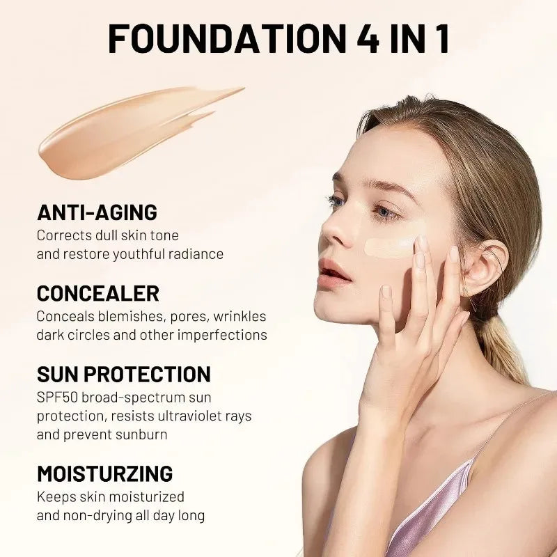 Base de maquillaje 4 en 1 líquida hidratante de cobertura media, corrector FPS 50+, de larga duración, resistente al agua, maquillaje facial natural.