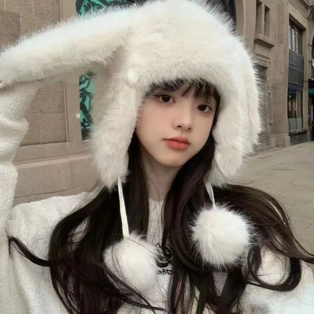 Gorro de invierno de peluche con orejas de conejo kawaii
