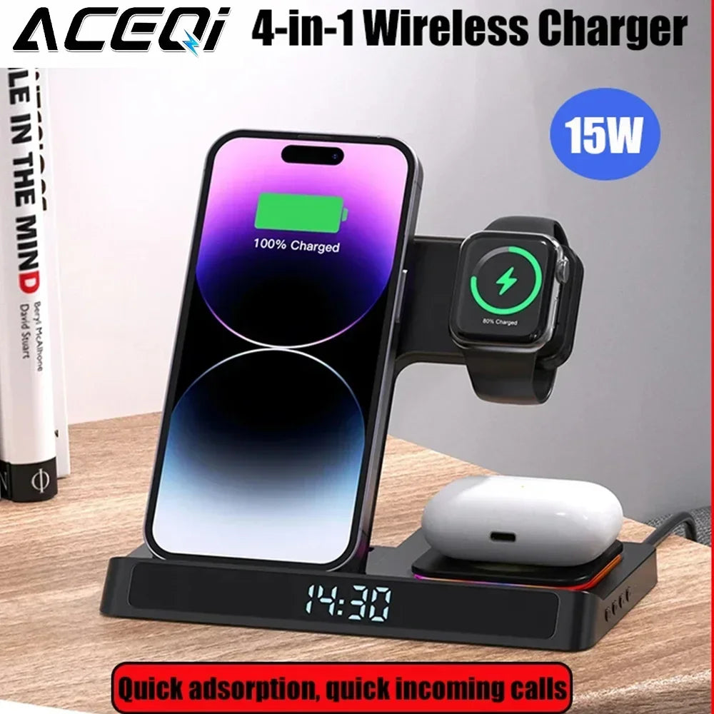 Cargador inalámbrico plegable 4 en 1 para iPhone 15, 14, 13 y 12, Apple Watch 9, 8, Airpods Pro y iWatch. Estación de carga rápida.