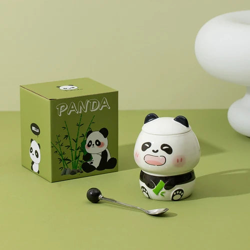 Tazas de cerámica con forma de panda, tapa y cuchara