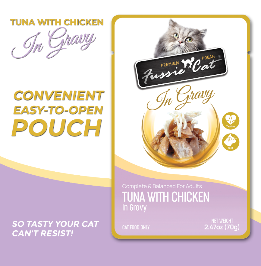 Fussie Cat Premium Pouch – Atún con pollo en salsa (2.47oz)