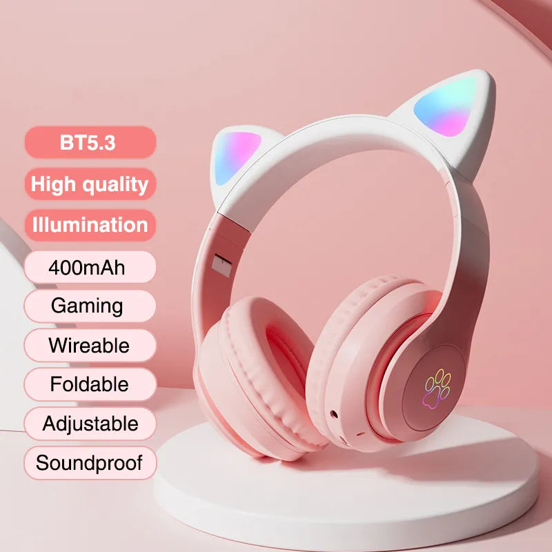 Auriculares para juegos con orejas de gato y luces LED
