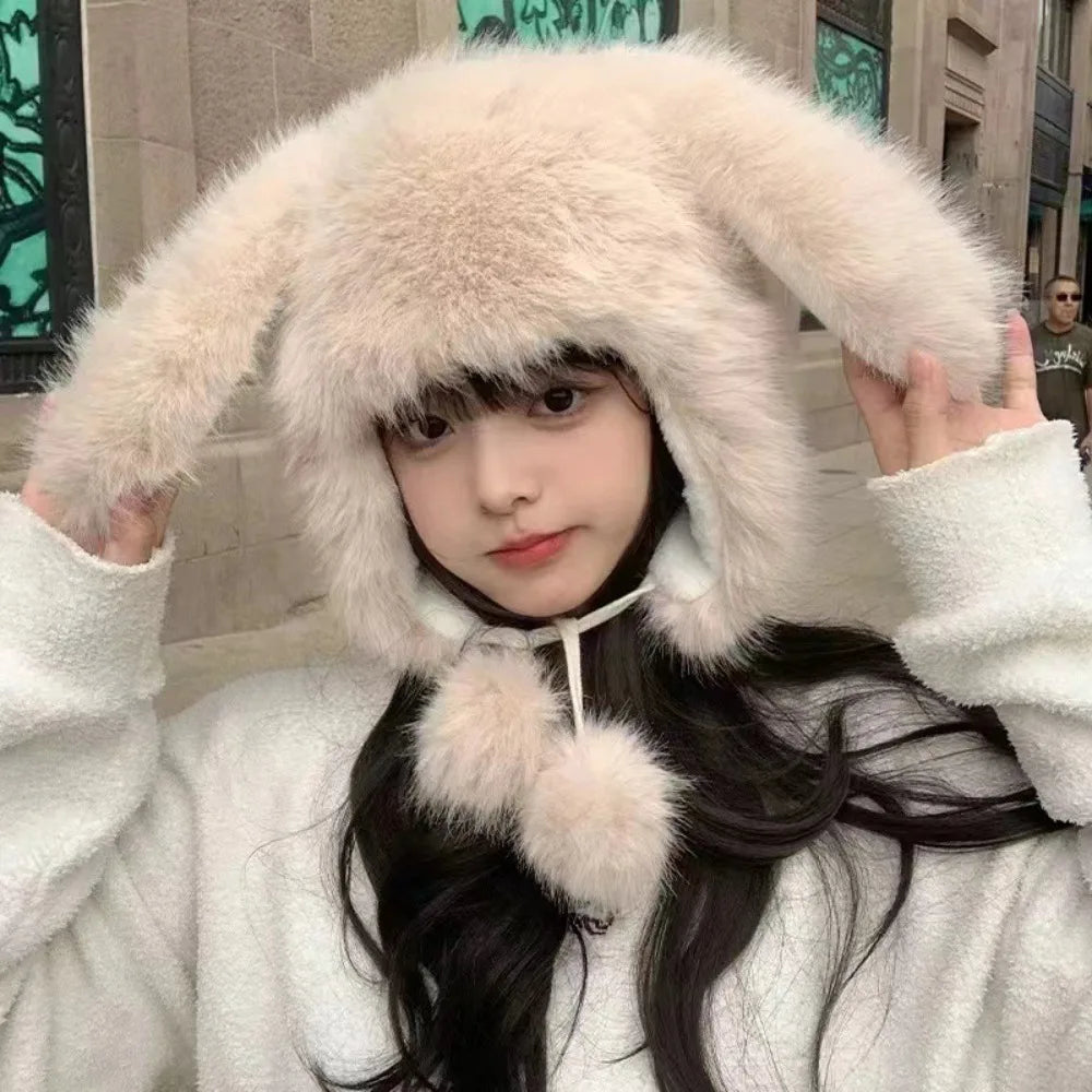Gorro de invierno de peluche con orejas de conejo kawaii