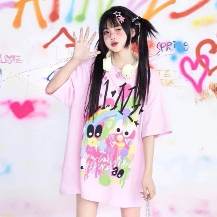 Camiseta gráfica Harajuku rosa KOSAHIKI
