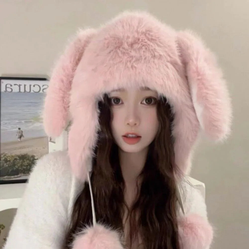 Gorro de invierno de peluche con orejas de conejo kawaii