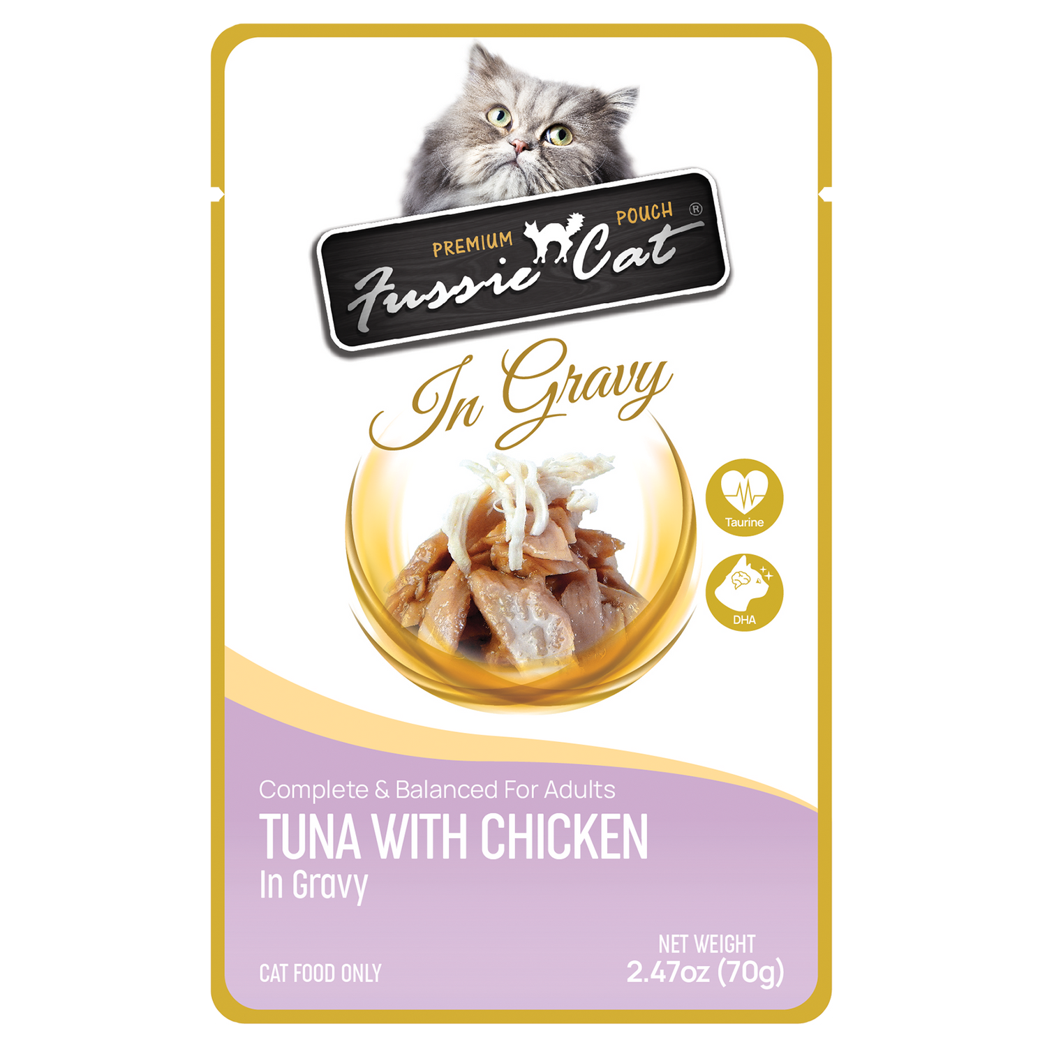 Fussie Cat Premium Pouch – Atún con pollo en salsa (2.47oz)
