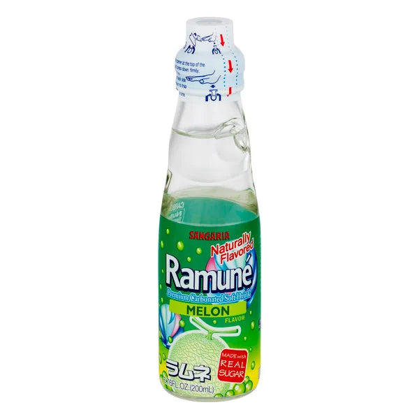 Ramune Refresco Japonés Sabor Melón 6.76oz - Auténtica Bebida en Botella con Canica