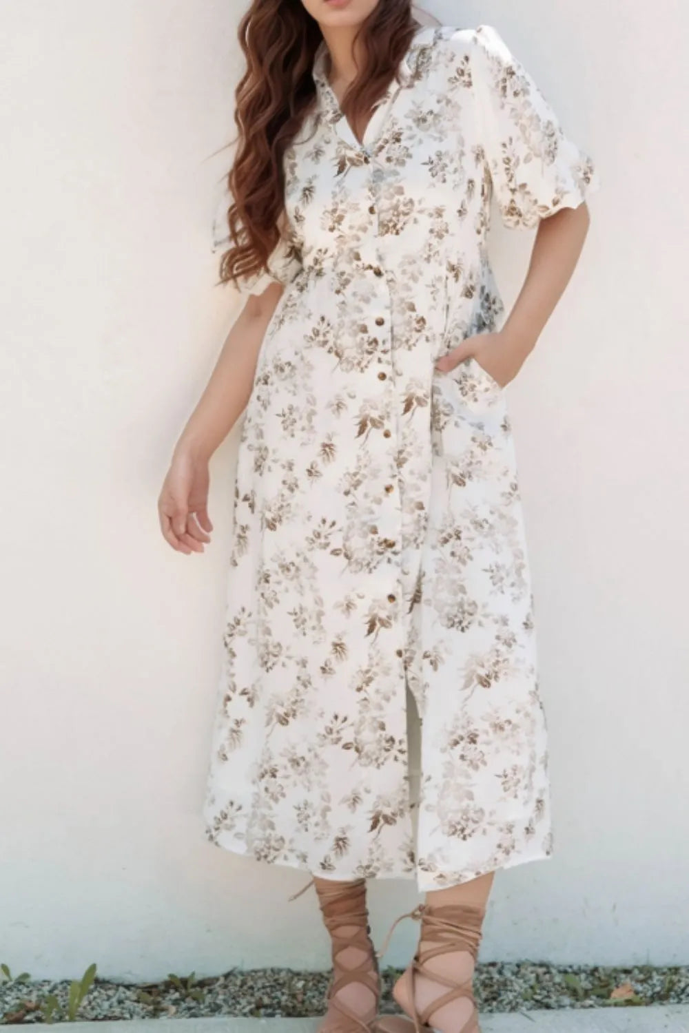 Printed Button Front Puff Sleeve Dress