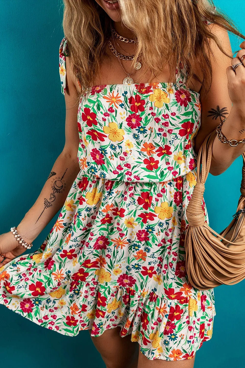 Floral Knotted Straps Cinched Waist Ruffle Hem Mini Dress