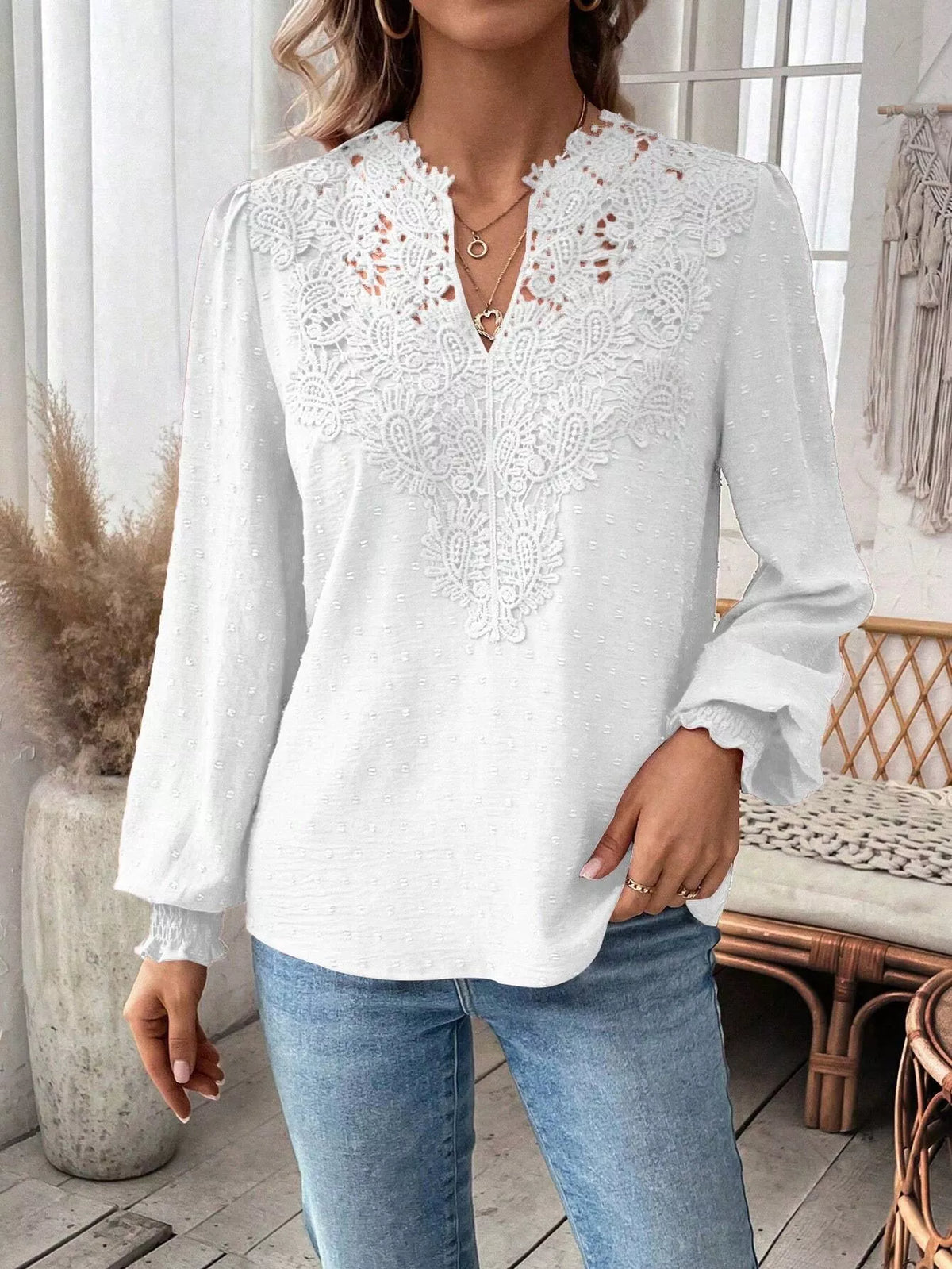 Lace Trim Long Sleeve Blouse