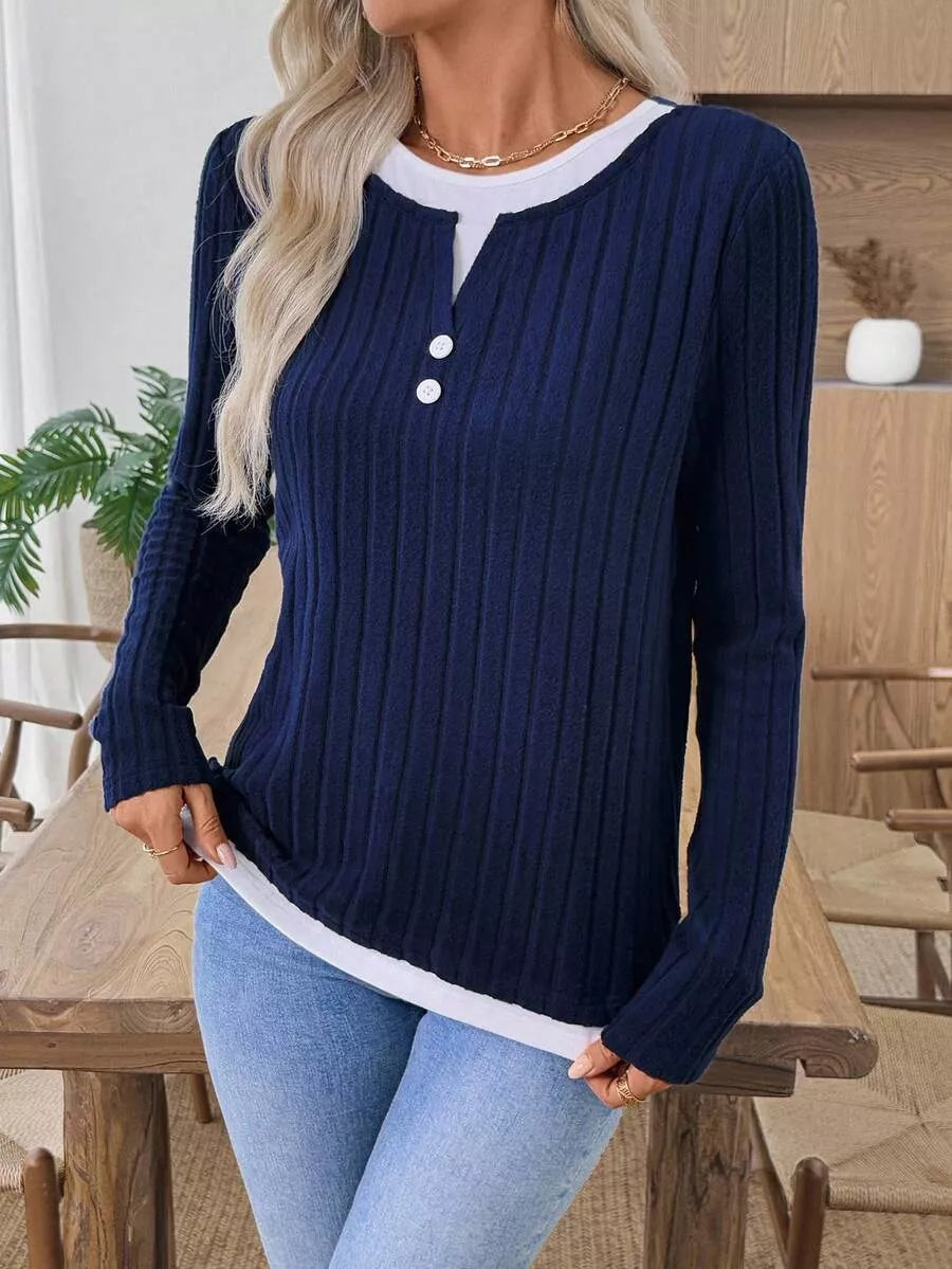 Camiseta Henley de manga larga de punto acanalado