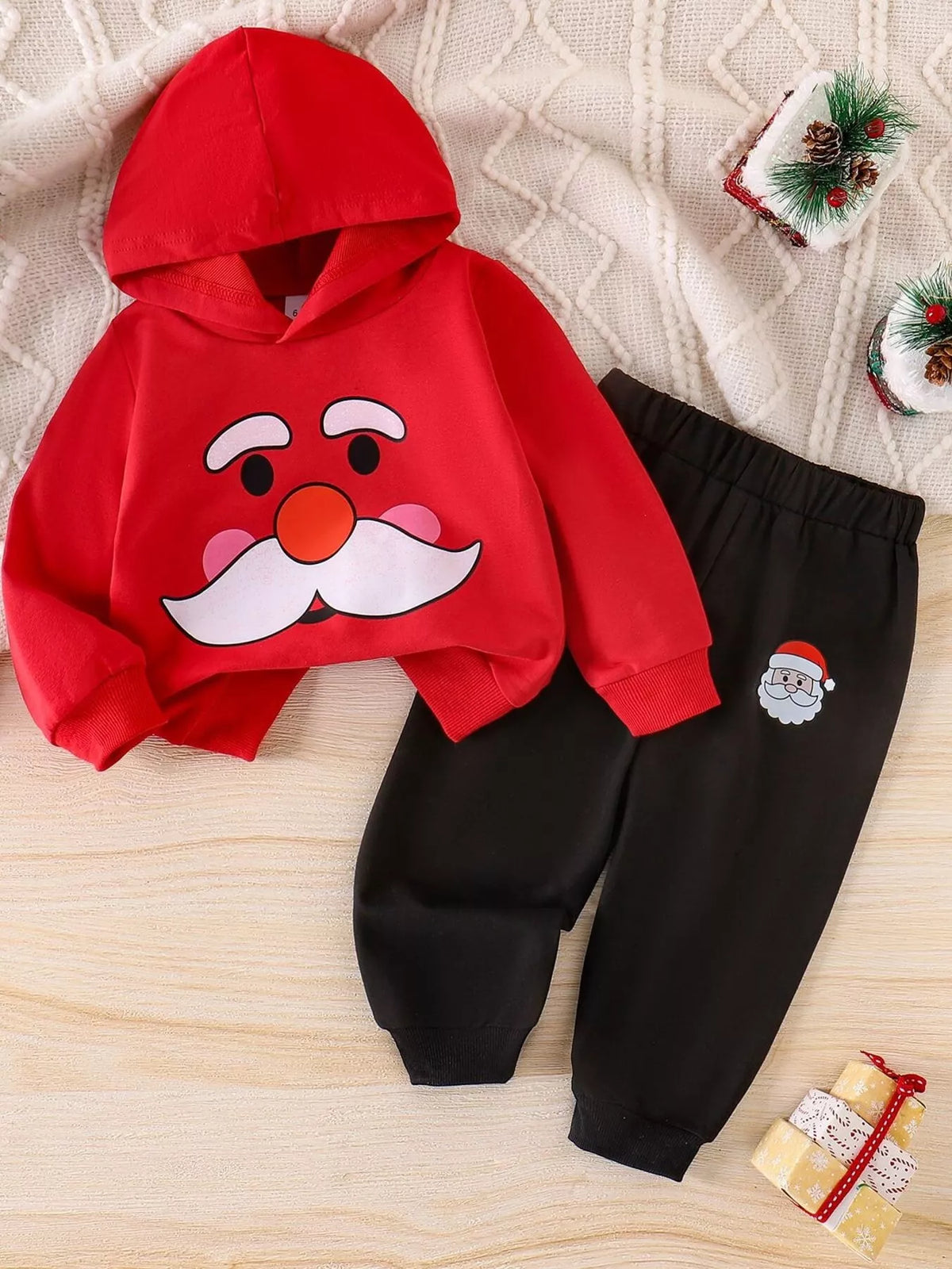 Conjunto de Sudadera con Capucha de Papá Noel y Pantalones para Niños