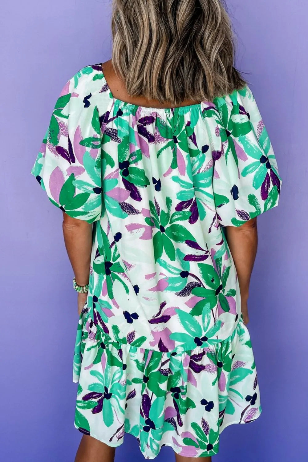 Floral Print Shirred Square Neck Loose Fit Mini Dress