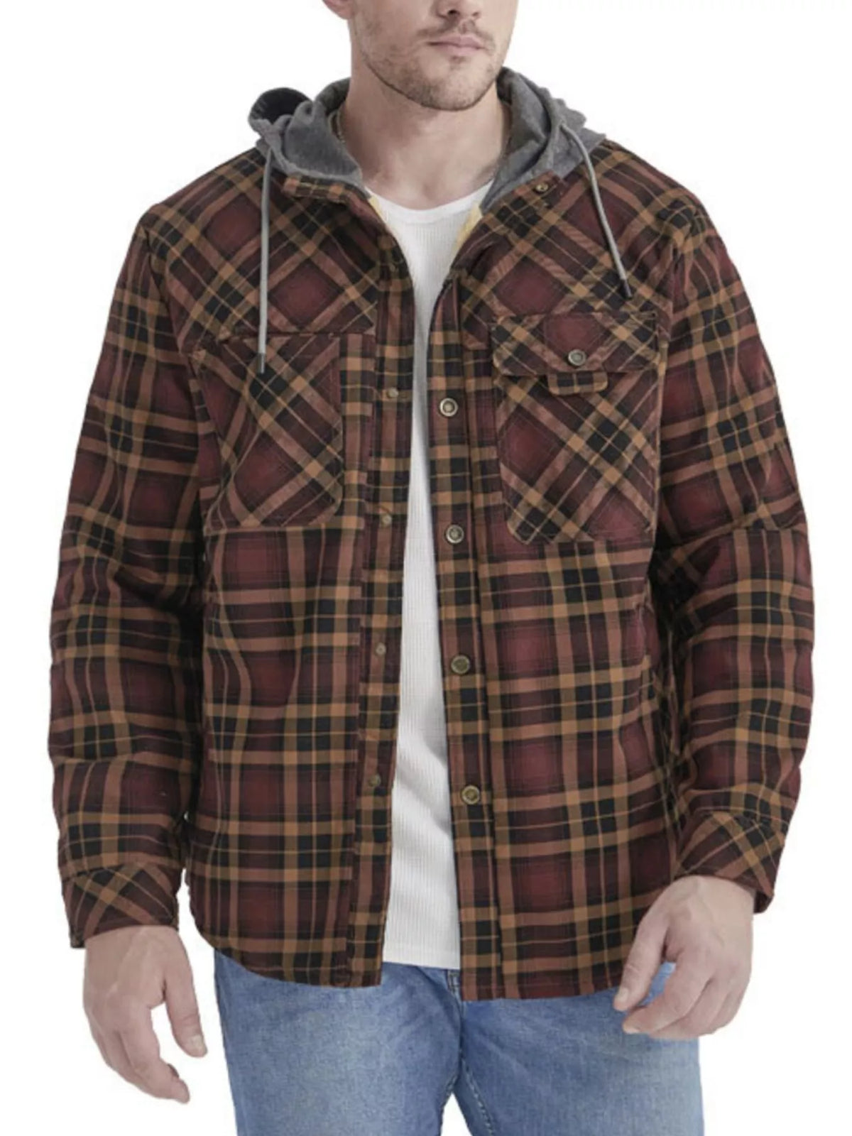 Chaqueta con capucha de franela a cuadros para hombre con botones a presión
