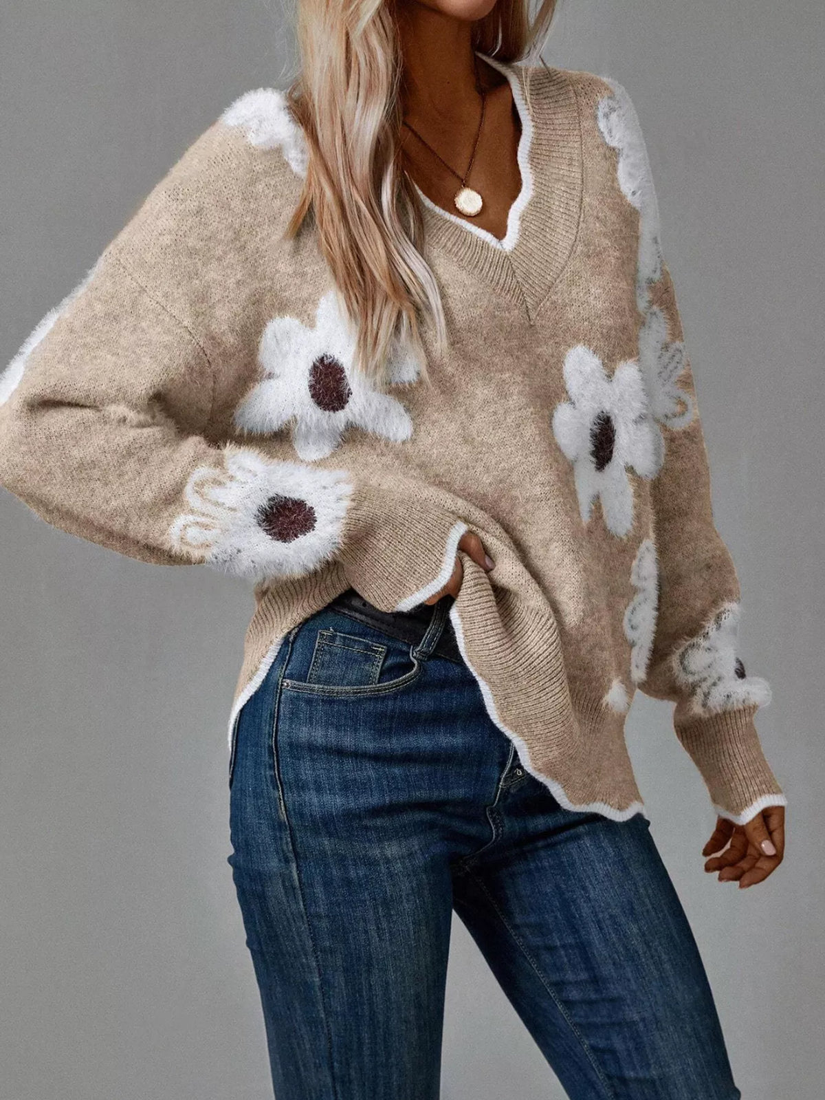Suéter Floral de Manga Larga con Cuello en V