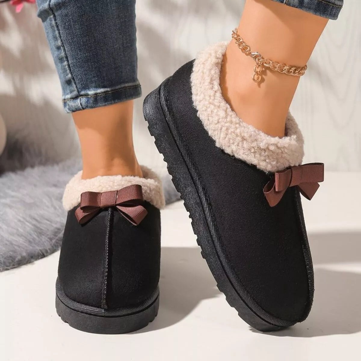 Pantuflas Forradas de Peluche Suaves con Lazo