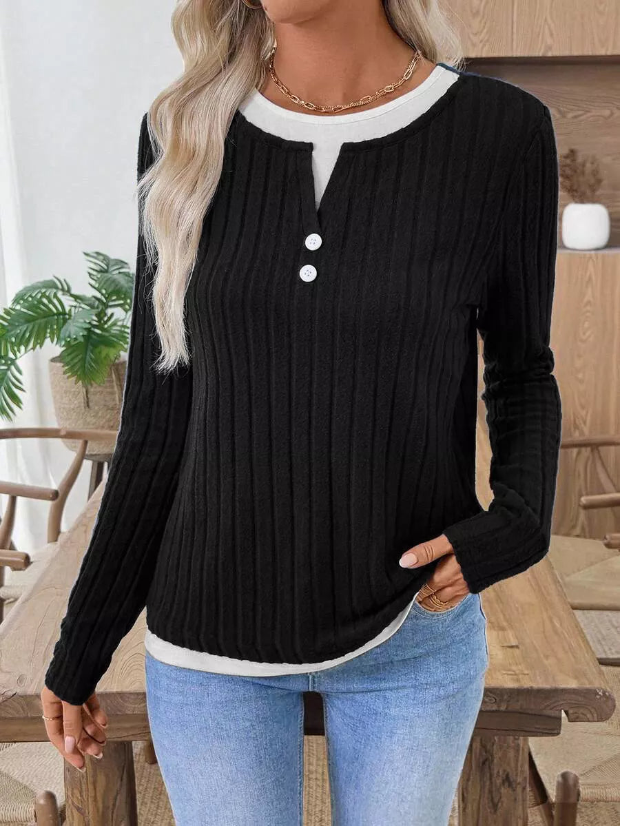 Camiseta Henley de manga larga de punto acanalado