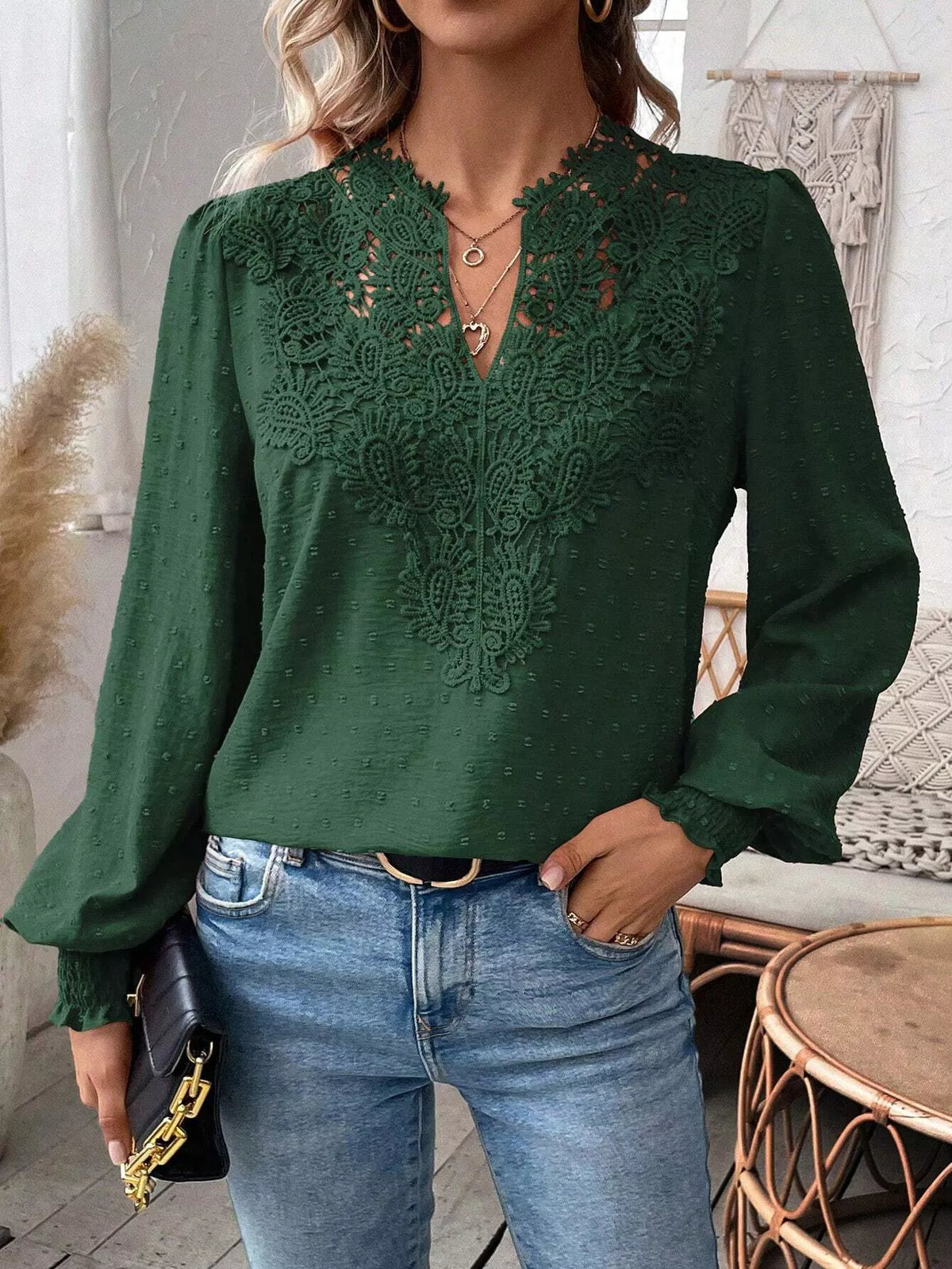 Lace Trim Long Sleeve Blouse