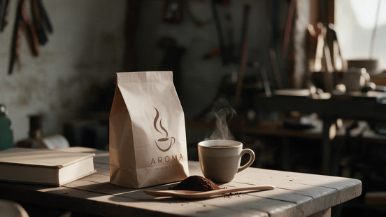 Manos seleccionando cafe molido junto a una bolsa de Aroma Cafe