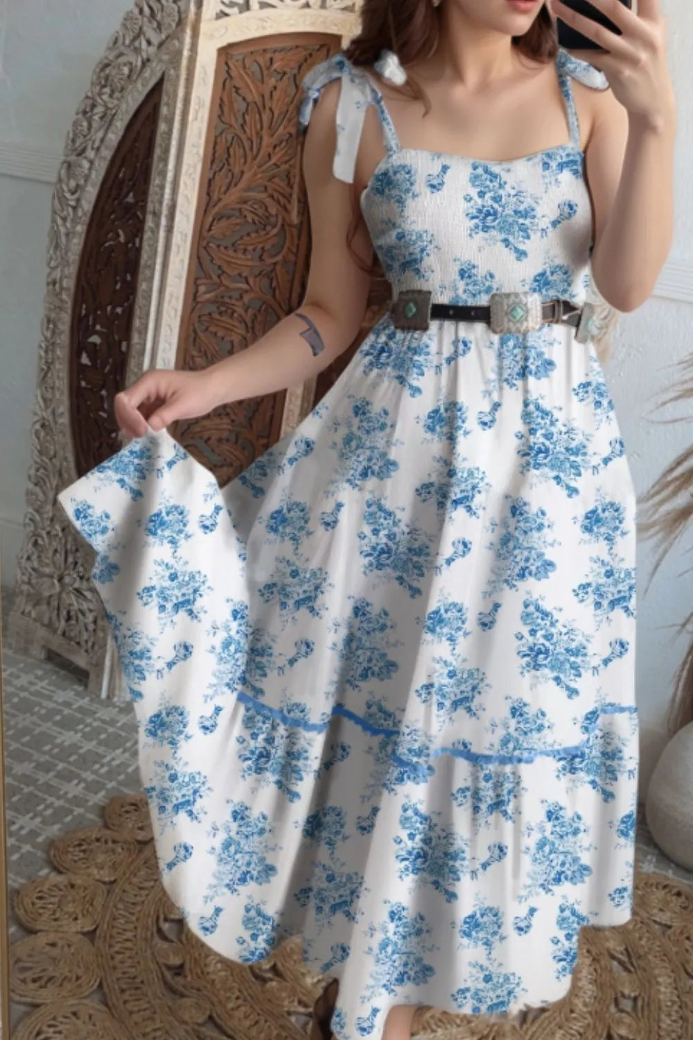 Printed Tie Shoulder Dress