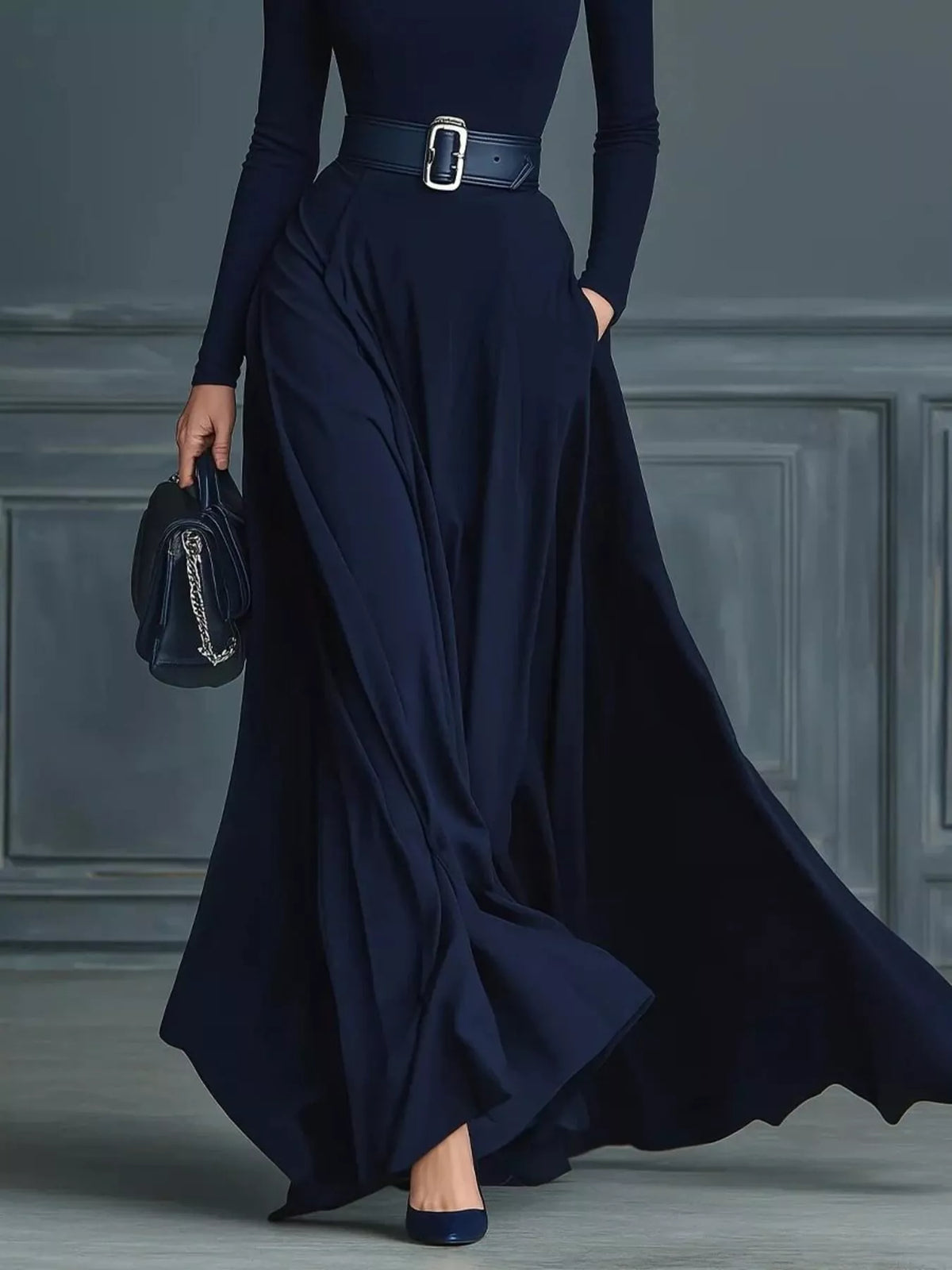 Vestido maxi de manga larga con cuello alto