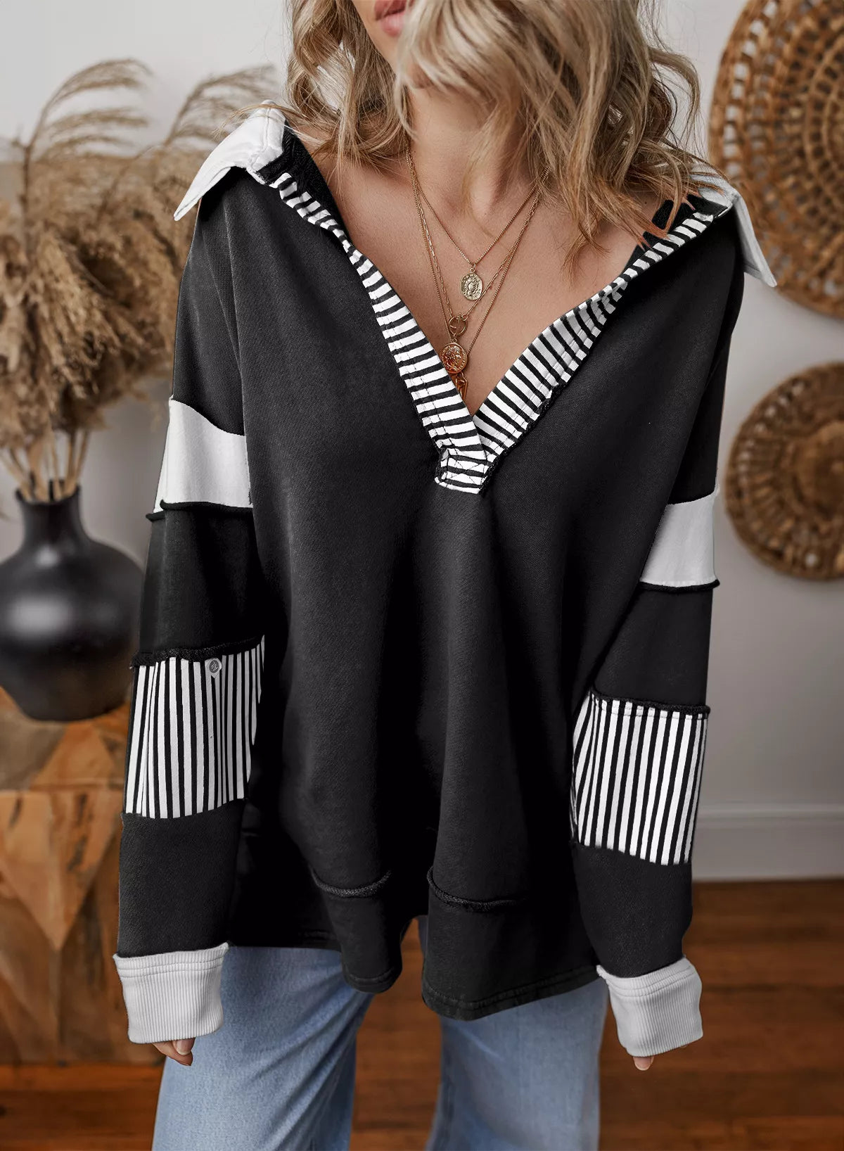 Sudadera con cuello Johnny, bloques de color y rayas