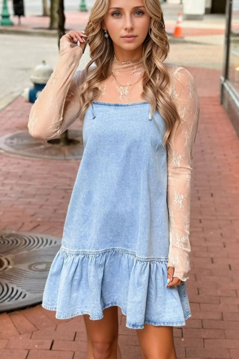 Bow Detail Spaghetti Straps Ruffle Hem Denim Dress