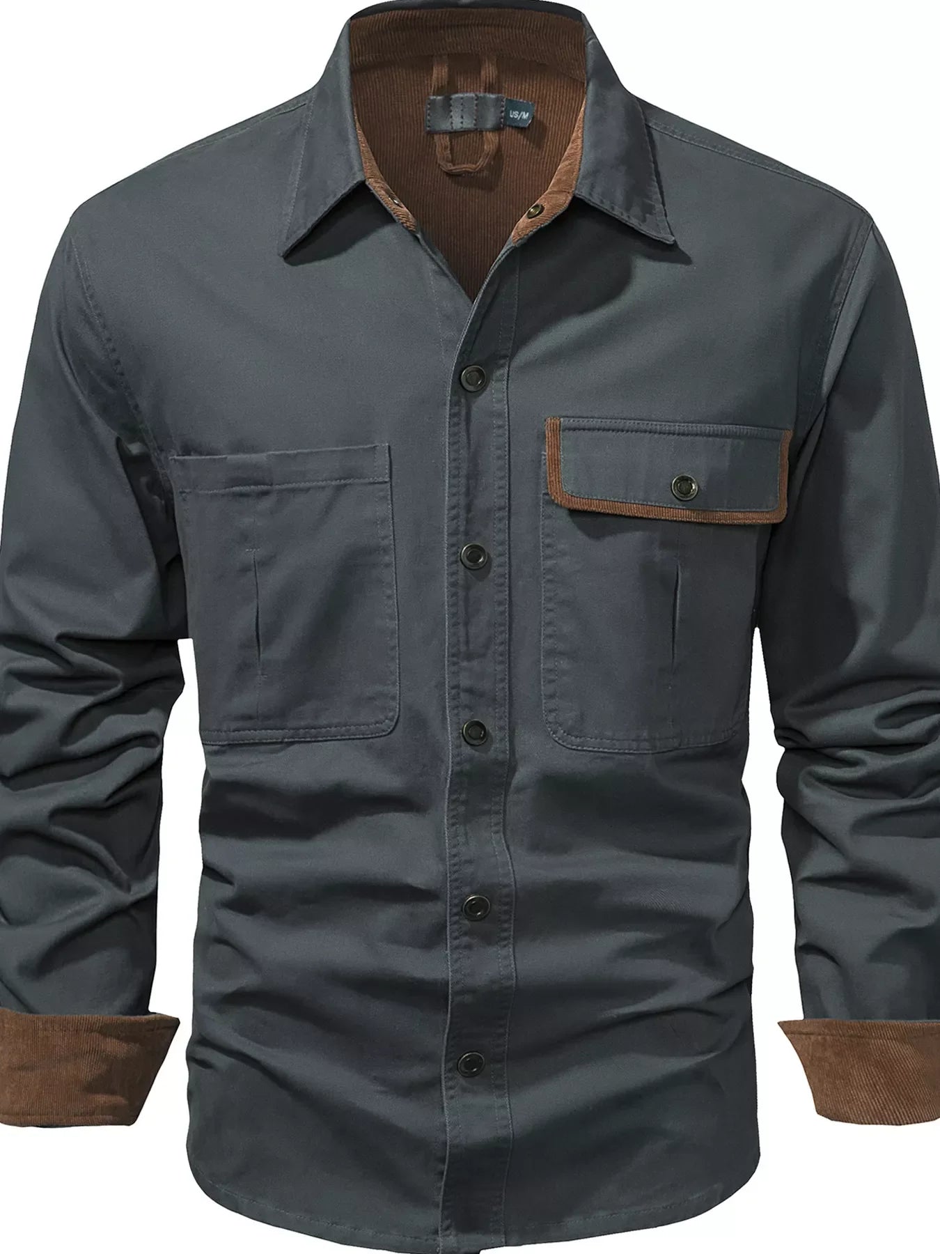 Camisa informal de manga larga con botones y bolsillos para hombre