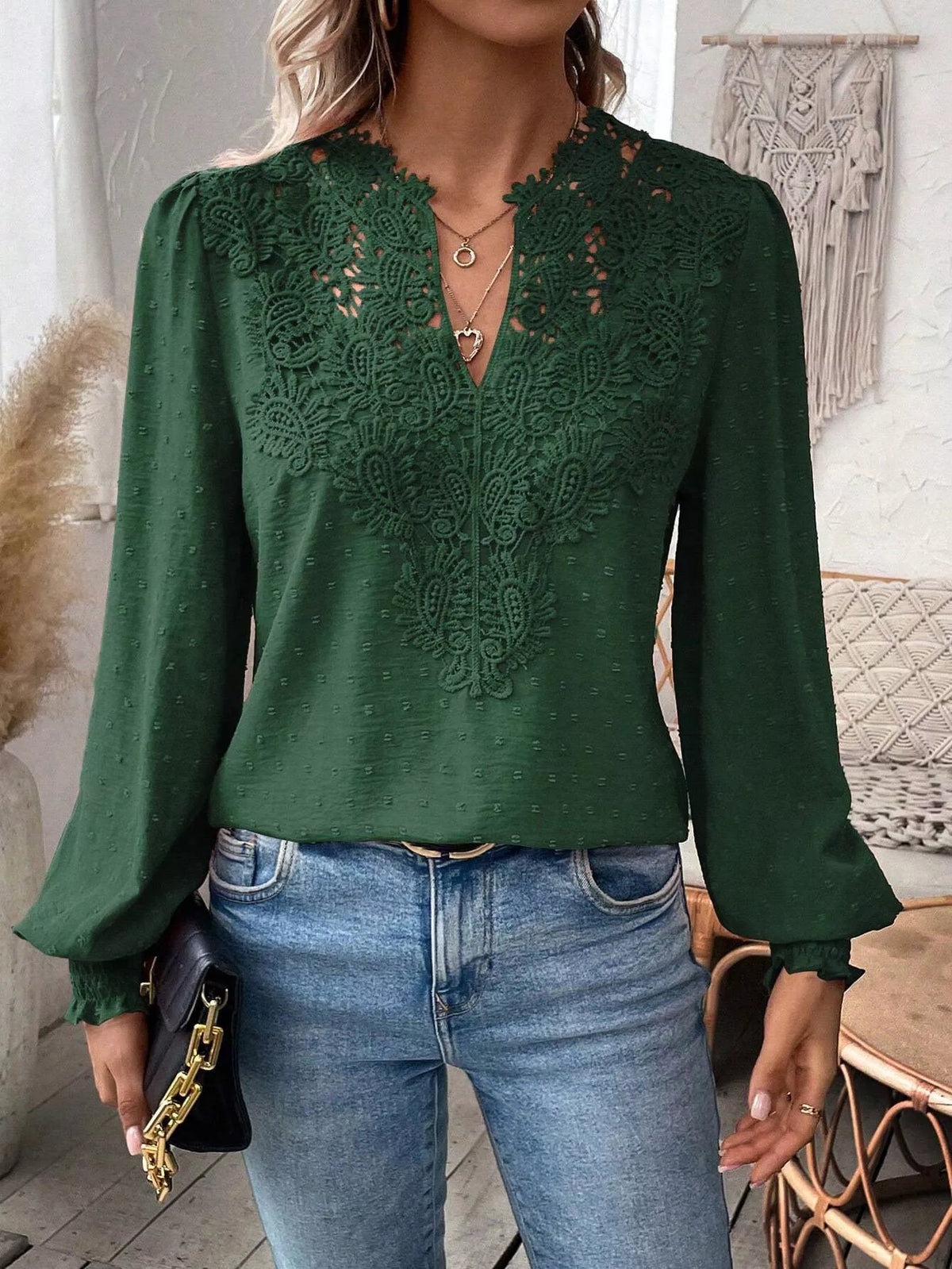 Lace Trim Long Sleeve Blouse