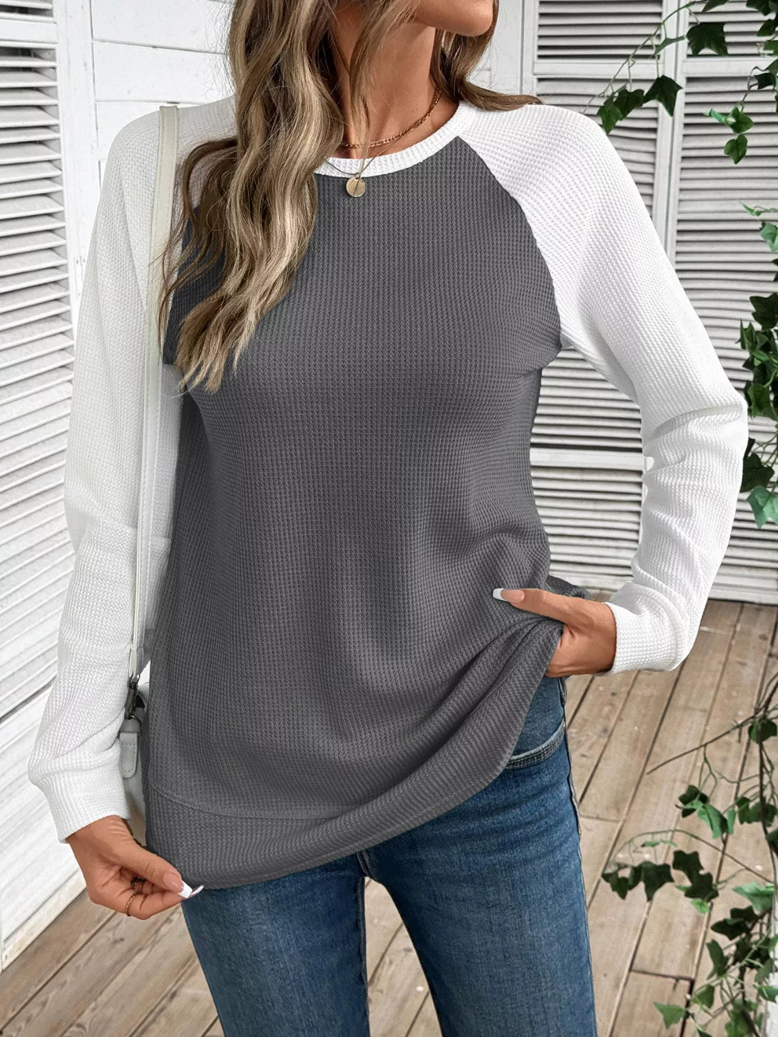 Camiseta de punto gofre con manga raglán