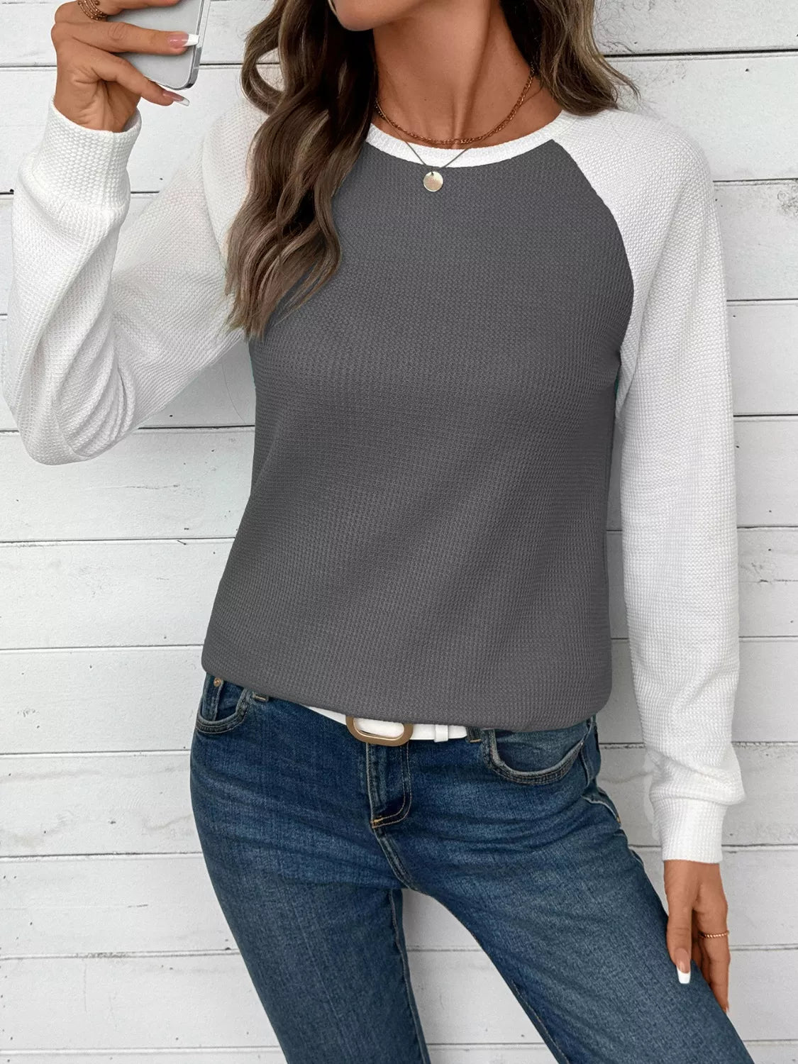 Camiseta de punto gofre con manga raglán