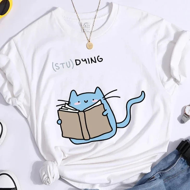“(STU)DYING” Cat Graphic T-Shirt